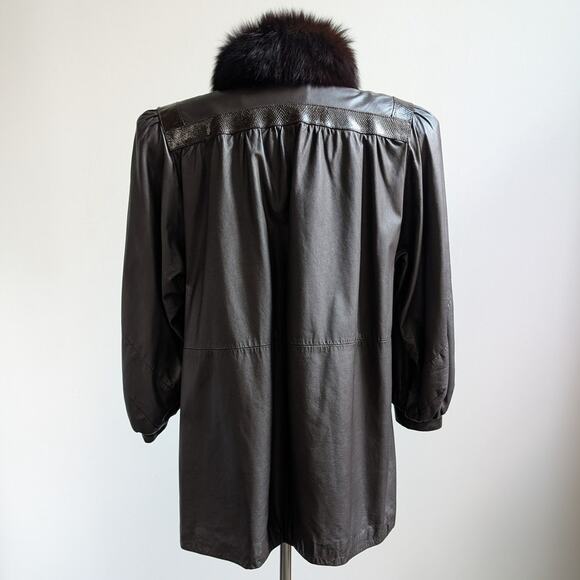 Vintage Black Leather Trench Coat Fur Penny Lane Jacket Goth Minimalist Large - Picture 4 of 11